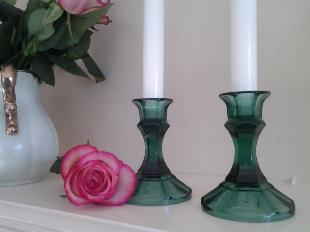 Green Depression Glass Candlestick Holders